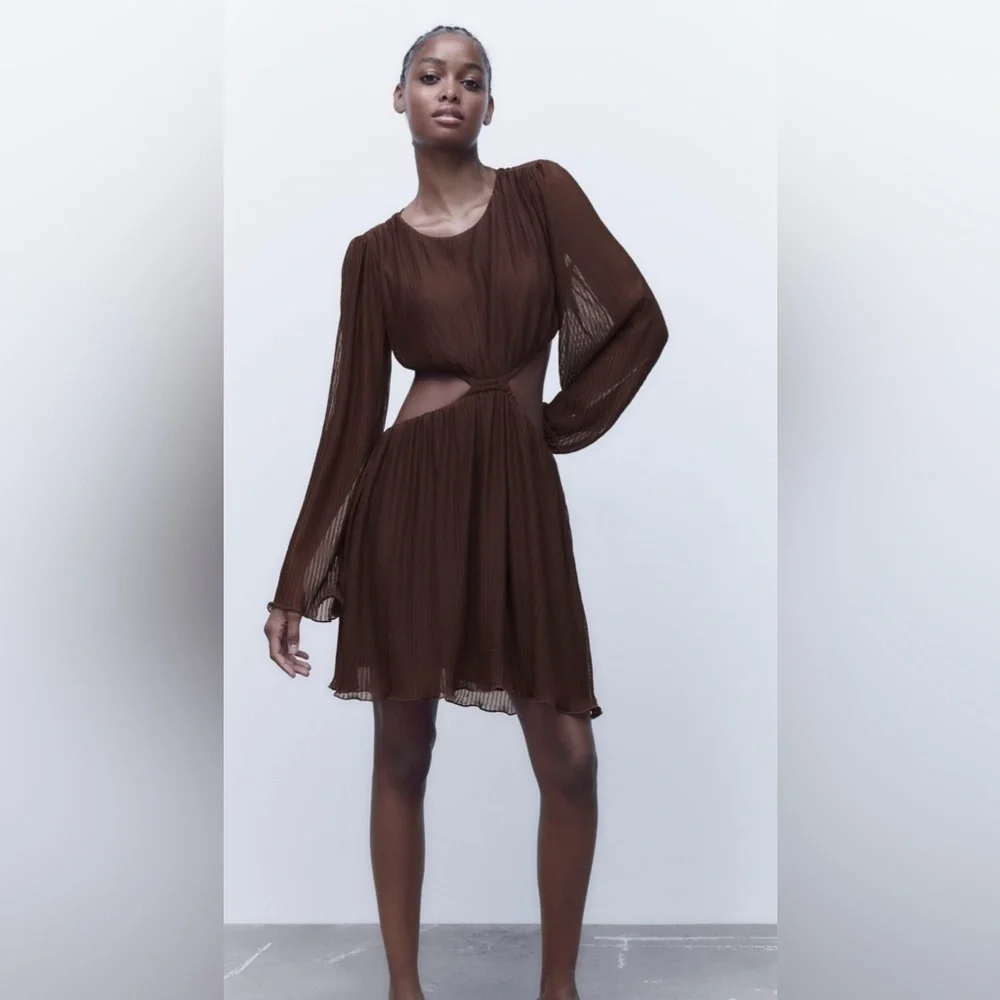 zara brown pleated dress cut out Crochet maxi mesh beach For Rent BELTED MIDI DRESS in Rush Service:With Rush+$29.99